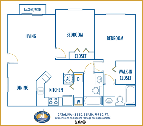 Floor plan for 2 beds, 2 baths, 997 sqft